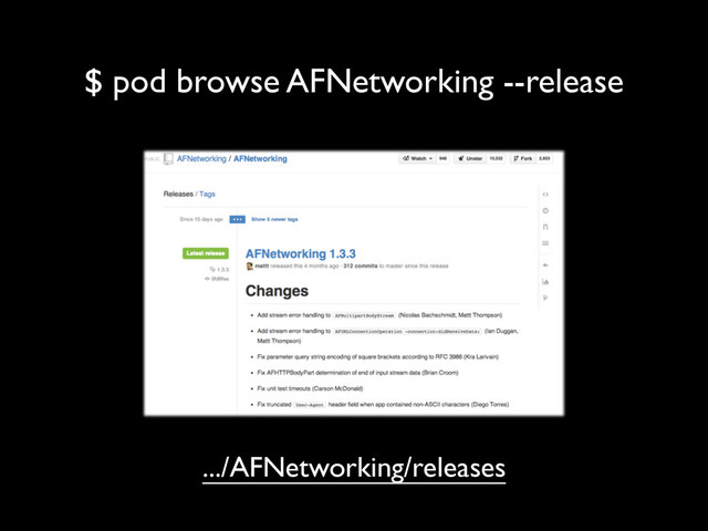 $ pod browse AFNetworking --release
.../AFNetworking/releases
