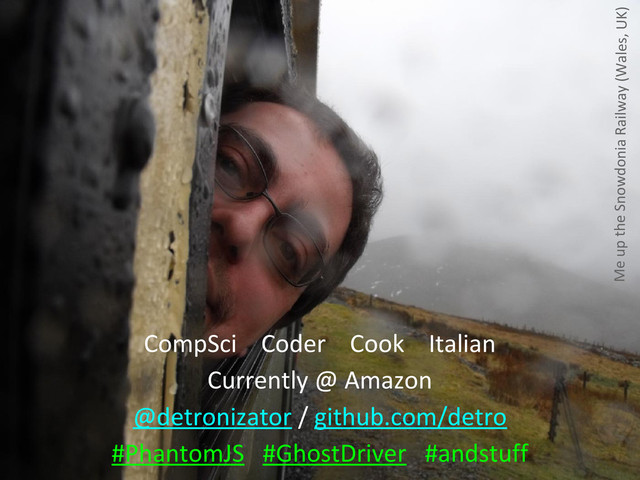 CompSci Coder Cook Italian
Currently @ Amazon
@detronizator / github.com/detro
#PhantomJS #GhostDriver #andstuff
Me up the Snowdonia Railway (Wales, UK)

