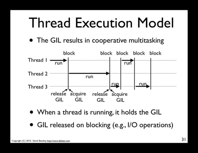 Copyright (C) 2010, David Beazley, http://www.dabeaz.com
Thread Execution Model
• The GIL results in cooperative multitasking
31
Thread 1
Thread 2
Thread 3
block block block block block
• When a thread is running, it holds the GIL
• GIL released on blocking (e.g., I/O operations)
run
run
run
run
run
release
GIL
acquire
GIL
release
GIL
acquire
GIL
