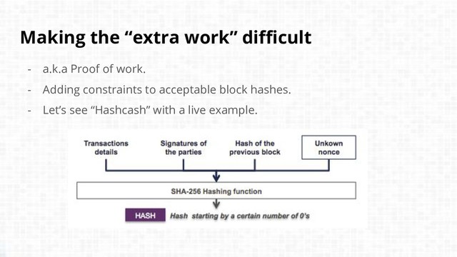 Making the “extra work” difficult
- a.k.a Proof of work.
- Adding constraints to acceptable block hashes.
- Let’s see “Hashcash” with a live example.
