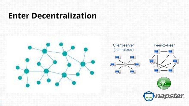 Enter Decentralization
Peer-to-Peer
Client-server
(centralized)
