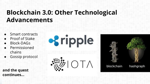 Blockchain 3.0: Other Technological
Advancements
● Smart contracts
● Proof of Stake
● Block-DAGs
● Permissioned
chains
● Gossip protocol
and the quest
continues...
