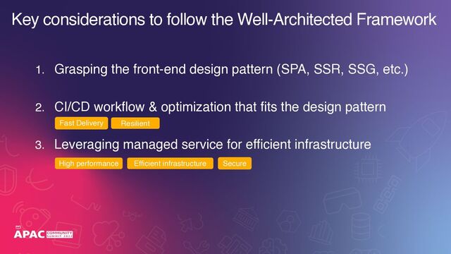 Key considerations to follow the Well-Architected Framework
1. Grasping the front-end design pattern (SPA, SSR, SSG, etc.)
2. CI/CD workflow & optimization that fits the design pattern
3. Leveraging managed service for efficient infrastructure
Fast Delivery Resilient
High performance Efficient infrastructure Secure
