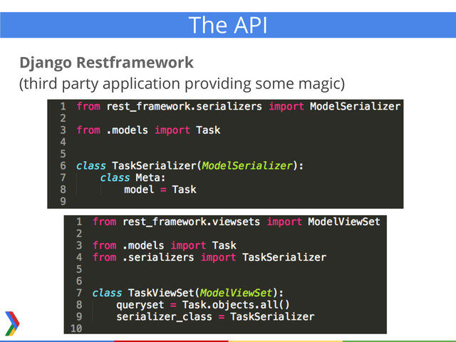 Django Restframework
(third party application providing some magic)
The API
