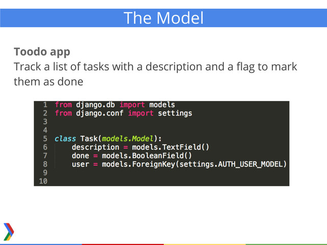 Toodo app
Track a list of tasks with a description and a flag to mark
them as done
The Model
