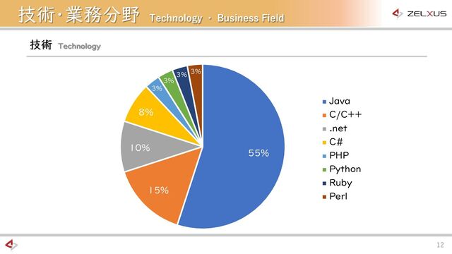 12
55%
15%
10%
8%
3%
3%
3% 3%
Java
C/C++
.net
C#
PHP
Python
Ruby
Perl
技術 Technology
技術・業務分野 Technology ・ Business Field
