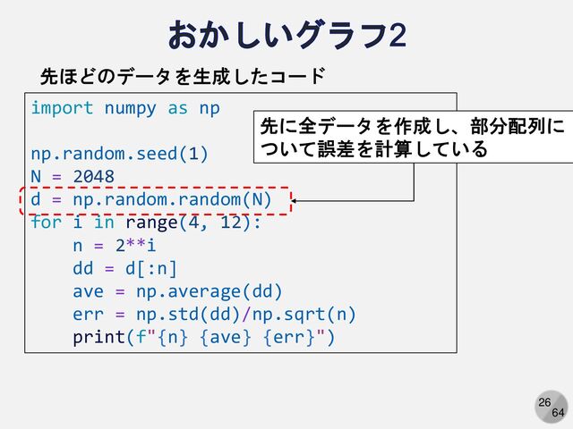 26
64
import numpy as np
np.random.seed(1)
N = 2048
d = np.random.random(N)
for i in range(4, 12):
n = 2**i
dd = d[:n]
ave = np.average(dd)
err = np.std(dd)/np.sqrt(n)
print(f"{n} {ave} {err}")
先ほどのデータを生成したコード
先に全データを作成し、部分配列に
ついて誤差を計算している
