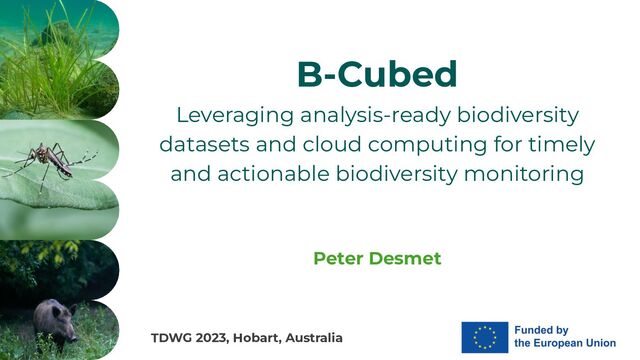 Biodiversity Building Blocks for Policy
B-Cubed
Leveraging analysis-ready biodiversity
datasets and cloud computing for timely
and actionable biodiversity monitoring
TDWG 2023, Hobart, Australia
Peter Desmet
