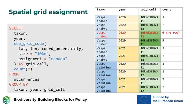 Biodiversity Building Blocks for Policy
Spatial grid assignment
SELECT
taxon,
year,
eea_grid_code(
lat, lon, coord_uncertainty,
size = "10km",
assignment = "random"
) AS grid_cell,
count(*)
FROM
occurrences
GROUP BY
taxon, year, grid_cell
taxon year grid_cell count
Vespa
crabro
2020 10kmE380N3
11
2
Vespa
crabro
2020 10kmE380N3
12
2
Vespa
crabro
2020 10kmE380N3
12
0 (no row)
Vespa
crabro
2020 10kmE381N3
11
5
Vespa
crabro
2021 10kmE380N3
11
3
Vespa
crabro
2021 10kmE380N3
12
2
Vespa
velutina
2020 10kmE380N3
11
1
Vespa
velutina
2020 10kmE380N3
12
1
Vespa
velutina
2021 10kmE380N3
11
7
Vespa
velutina
2021 10kmE380N3
12
2
