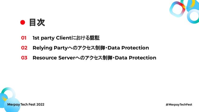 目次
01 1st party Clientにおける認証
02 Relying Partyへのアクセス制御・Data Protection
03 Resource Serverへのアクセス制御・Data Protection
