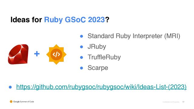 Confidential and Proprietary 17
Ideas for Ruby GSoC 2023?
● Standard Ruby Interpreter (MRI
)

● JRub
y

● TruffleRub
y

● Scarpe
+
● https://github.com/rubygsoc/rubygsoc/wiki/Ideas-List-(2023)
