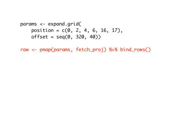 params <- expand.grid(
position = c(0, 2, 4, 6, 16, 17),
offset = seq(0, 320, 40))
raw <- pmap(params, fetch_proj) %>% bind_rows()
