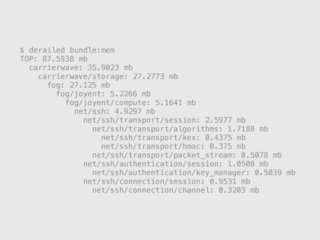 $ derailed bundle:mem
TOP: 87.5938 mb
carrierwave: 35.9023 mb
carrierwave/storage: 27.2773 mb
fog: 27.125 mb
fog/joyent: 5.2266 mb
fog/joyent/compute: 5.1641 mb
net/ssh: 4.9297 mb
net/ssh/transport/session: 2.5977 mb
net/ssh/transport/algorithms: 1.7188 mb
net/ssh/transport/kex: 0.4375 mb
net/ssh/transport/hmac: 0.375 mb
net/ssh/transport/packet_stream: 0.5078 mb
net/ssh/authentication/session: 1.0508 mb
net/ssh/authentication/key_manager: 0.5039 mb
net/ssh/connection/session: 0.9531 mb
net/ssh/connection/channel: 0.3203 mb
