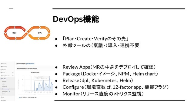 DevOps機能
● 「Plan・Create・Verifyのその先」
● 外部ツールの（稟議・）導入・連携不要
● Review Apps（MRの中身をデプロイして確認）
● Package（Dockerイメージ、NPM、Helm chart）
● Release（dpl、Kubernetes、Helm）
● Configure（環境変数 cf. 12-factor app、機能フラグ）
● Monitor（リリース直後のメトリクス監視）
