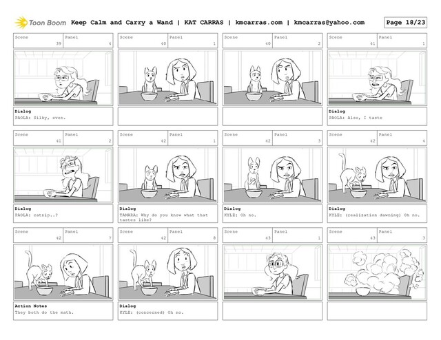 Scene
39
Panel
4
Dialog
PAOLA: Silky, even.
Scene
40
Panel
1
Scene
40
Panel
2
Scene
41
Panel
1
Dialog
PAOLA: Also, I taste
Scene
41
Panel
2
Dialog
PAOLA: catnip..?
Scene
42
Panel
1
Dialog
TAMARA: Why do you know what that
tastes like?
Scene
42
Panel
3
Dialog
KYLE: Oh no.
Scene
42
Panel
4
Dialog
KYLE: (realization dawning) Oh no.
Scene
42
Panel
7
Action Notes
They both do the math.
Scene
42
Panel
8
Dialog
KYLE: (concerned) Oh no.
Scene
43
Panel
1
Scene
43
Panel
3
Keep Calm and Carry a Wand | KAT CARRAS | kmcarras.com | kmcarras@yahoo.com Page 18/23
