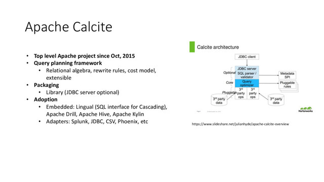 Apache Calcite
https://www.slideshare.net/julianhyde/apache-calcite-overview
• Top level Apache project since Oct, 2015
• Query planning framework
• Relational algebra, rewrite rules, cost model,
extensible
• Packaging
• Library (JDBC server optional)
• Adoption
• Embedded: Lingual (SQL interface for Cascading),
Apache Drill, Apache Hive, Apache Kylin
• Adapters: Splunk, JDBC, CSV, Phoenix, etc
