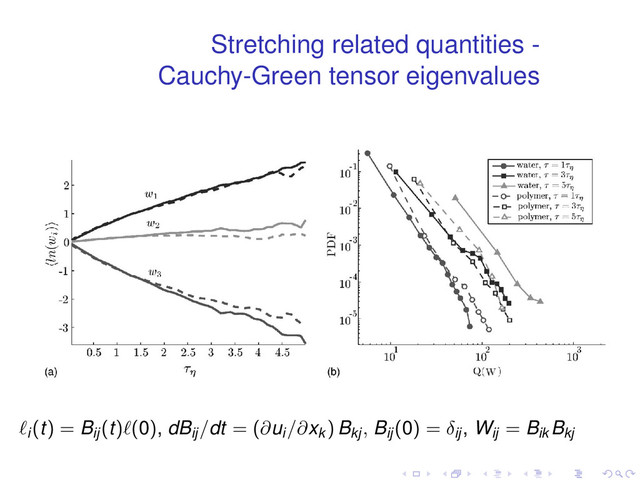 Stretching related quantities -
Cauchy-Green tensor eigenvalues
and the stretching vector Wi
l,s=lj
sij
are weaker at later
in the polymer solution, compared to the ﬂow of pure
͓Figs. 3͑c͒ and 3͑d͔͒. This effect becomes stronger
conditioned on large strain. Vorticity makes a consid-
contribution to the mutual geometry of material lines
he eigenframe of the rate of strain due to tilting of the
ial lines,15 though this contribution is not changed sub-
terial lines from some initial moment till some chosen
and its properties are expected to be changed in a tu
ﬂow of dilute polymer solution as compared to that
water.
The simplest information is contained in the C
Green tensor Wij
=Bik
Bkj
. The eigenvalues wi
of the
Wij
reﬂect the deformation of elementary material
͑a͒ Time evolution of the mean values of the eigenvalues of the Cauchy–Green tensor, ln͑wi
͒, and ͑b͒ PDF of the second invaria
–Green tensor Q͑W͒, for different time moments, for water ͑solid lines͒ and polymer solution ͑dashed lines͒.
nloaded 18 Apr 2008 to 132.66.7.211. Redistribution subject to AIP license or copyright; see http://pof.aip.org/pof/copyri
ℓi(t) = Bij(t)ℓ(0), dBij/dt = (∂ui/∂xk ) Bkj, Bij(0) = δij
, Wij = Bik
Bkj
. . . . . .
