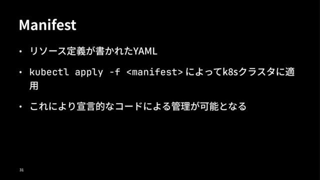 Manifest
• リソース定義が書かれたYAML
• kubectl apply -f  によってk7sクラスタに適
⽤
• これにより宣⾔的なコードによる管理が可能となる
!"
