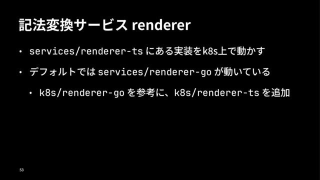 記法変換サービス renderer
• services/renderer-ts にある実装をk*s上で動かす
• デフォルトでは services/renderer-go が動いている
• k8s/renderer-go を参考に、k8s/renderer-ts を追加
!"
