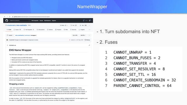 NameWrapper
- 1. Turn subdomains into NFT
- 2. Fuses
