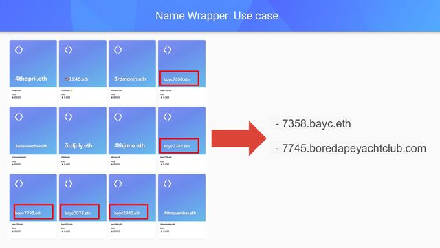 - 7358.bayc.eth
- 7745.boredapeyachtclub.com
Name Wrapper: Use case
