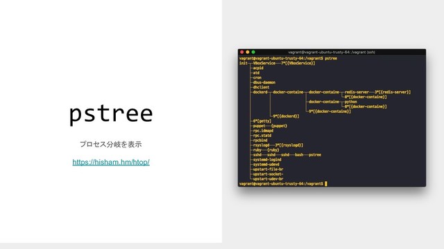 pstree
プロセス分岐を表示
https://hisham.hm/htop/
