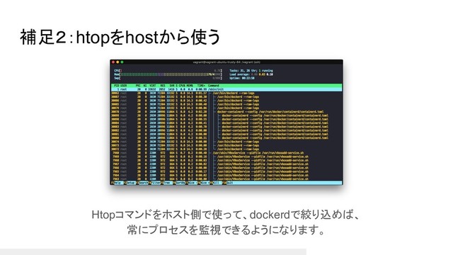 補足２：htopをhostから使う
Htopコマンドをホスト側で使って、dockerdで絞り込めば、
常にプロセスを監視できるようになります。
