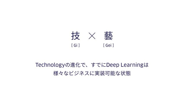 Technologyの進化で、すでにDeep Learningは
様々なビジネスに実装可能な状態
[ Gi ] [ Gei ]
技 藝
