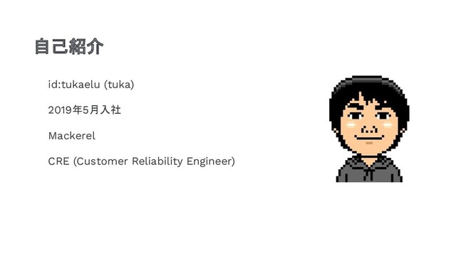 id:tukaelu (tuka)
2019年5月入社
Mackerel
CRE (Customer Reliability Engineer)
自己紹介
