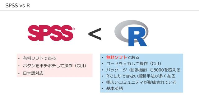 SPSS vs R
• 有料ソフトである
• ボタンをポチポチして操作（GUI）
• 日本語対応
• 無料ソフトである
• コードを入力して操作（CUI）
• パッケージ（拡張機能）も8000を超える
• Rでしかできない最新手法が多くある
• 幅広いコミュニティが形成されている
• 基本英語
<
