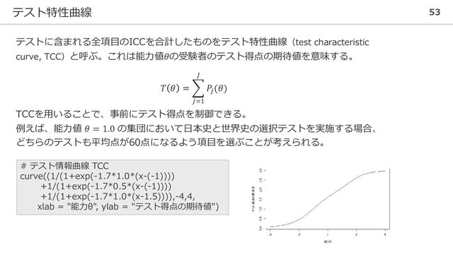 テスト特性曲線 53
テストに含まれる全項目のICCを合計したものをテスト特性曲線（test characteristic
curve, TCC）と呼ぶ。これは能力値𝜃の受験者のテスト得点の期待値を意味する。
𝑇 𝜃 = ෍
𝑗=1
𝐽
𝑃𝑗
(𝜃)
TCCを用いることで、事前にテスト得点を制御できる。
例えば、能力値 𝜃 = 1.0 の集団において日本史と世界史の選択テストを実施する場合、
どちらのテストも平均点が60点になるよう項目を選ぶことが考えられる。
# テスト情報曲線 TCC
curve((1/(1+exp(-1.7*1.0*(x-(-1))))
+1/(1+exp(-1.7*0.5*(x-(-1))))
+1/(1+exp(-1.7*1.0*(x-1.5)))),-4,4,
xlab = "能力θ", ylab = "テスト得点の期待値")
