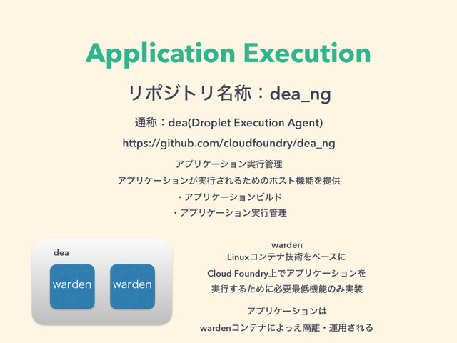Application Execution
ϦϙδτϦ໊শɿdea_ng 
௨শɿdea(Droplet Execution Agent) 
https://github.com/cloudfoundry/dea_ng
ΞϓϦέʔγϣϯ͸ 
wardenίϯςφʹΑִͬ͑཭ɾӡ༻͞ΕΔ
ΞϓϦέʔγϣϯ࣮ߦ؅ཧ 
ΞϓϦέʔγϣϯ͕࣮ߦ͞ΕΔͨΊͷϗετػೳΛఏڙ 
ɾΞϓϦέʔγϣϯϏϧυ 
ɾΞϓϦέʔγϣϯ࣮ߦ؅ཧ
XBSEFO XBSEFO
dea
warden 
Linuxίϯςφٕज़Λϕʔεʹ 
Cloud Foundry্ͰΞϓϦέʔγϣϯΛ 
࣮ߦ͢ΔͨΊʹඞཁ࠷௿ػೳͷΈ࣮૷
