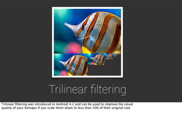 Trilinear ﬁltering
Trilinear ﬁltering was introduced in Android 4.2 and can be used to improve the visual
quality of your bitmaps if you scale them down to less than 50% of their original size
