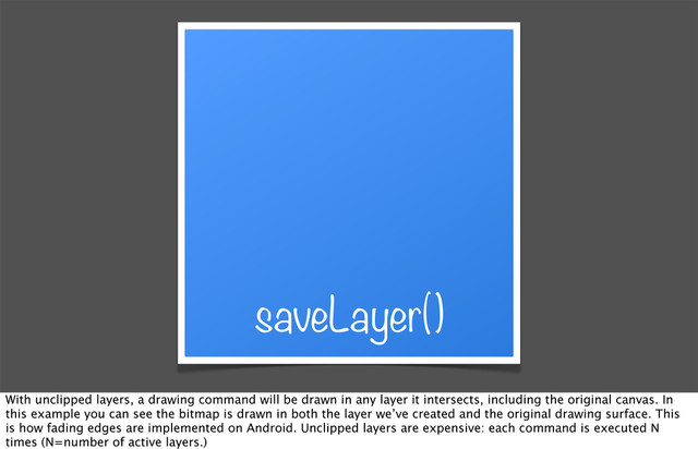 saveLayer()
With unclipped layers, a drawing command will be drawn in any layer it intersects, including the original canvas. In
this example you can see the bitmap is drawn in both the layer we’ve created and the original drawing surface. This
is how fading edges are implemented on Android. Unclipped layers are expensive: each command is executed N
times (N=number of active layers.)
