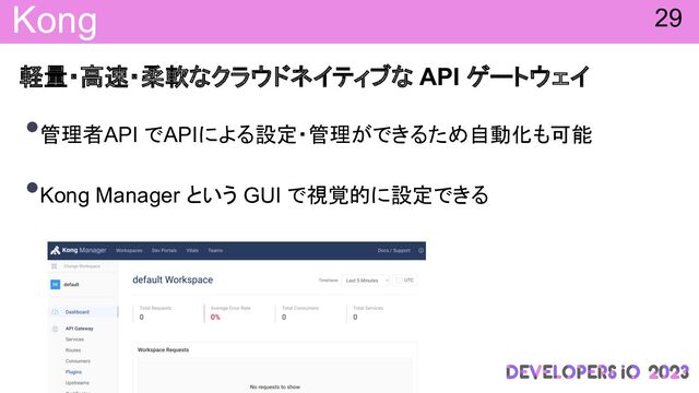 Kong
軽量・高速・柔軟なクラウドネイティブな API ゲートウェイ
•管理者API でAPIによる設定・管理ができるため自動化も可能
•Kong Manager という GUI で視覚的に設定できる
29
