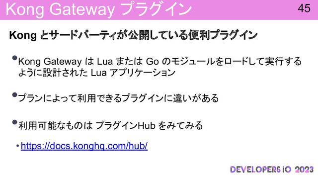 Kong Gateway プラグイン
Kong とサードパーティが公開している便利プラグイン
•Kong Gateway Lua また Go モジュールをロードして実行する
ように設計された Lua アプリケーション
•プランによって利用できるプラグインに違いがある
•利用可能なも プラグインHub をみてみる
•https://docs.konghq.com/hub/
45
