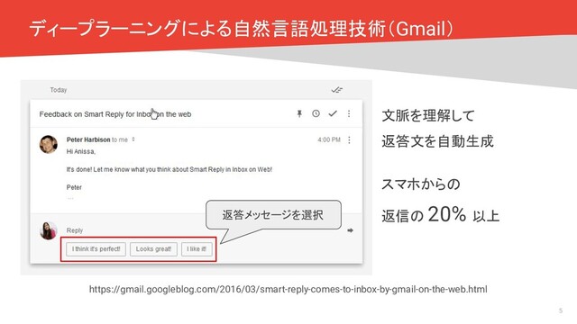 ディープラーニングによる自然言語処理技術（Gmail）
https://gmail.googleblog.com/2016/03/smart-reply-comes-to-inbox-by-gmail-on-the-web.html
文脈を理解して
返答文を自動生成
スマホからの
返信の 20% 以上
5
返答メッセージを選択
