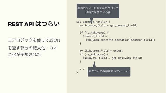 REST API ͸ͭΒ͍ sub example_handler {
my $common_field = get_common_field;
if (is_kakuyomu) {
$common_field =
kakuyomu_specific_operation($common_field);
}
my $kakuyomu_field = undef;
if (is_kakuyomu) {
$kakuyomu_field = get_kakuyomu_field;
}
...
}
ίΞϩδοΫΛ࢖ͬͯJSON
Λฦ͢෦෼ͷංେԽɾΧΦ
εԽ͕༧૝͞Εͨ
ڞ௨ͷϑΟʔϧυ͕ͩΧΫϤϜͰ
͸ಛघͳՃ޻͕ඞཁ
ΧΫϤϜͷΈଘࡏ͢ΔϑΟʔϧυ
