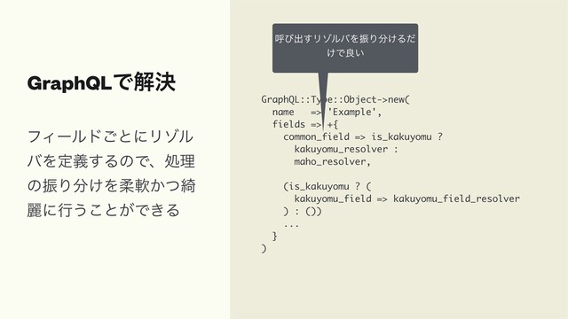 GraphQLͰղܾ
GraphQL::Type::Object->new(
name => 'Example',
fields => +{
common_field => is_kakuyomu ?
kakuyomu_resolver :
maho_resolver,
(is_kakuyomu ? (
kakuyomu_field => kakuyomu_field_resolver
) : ())
...
}
)
ϑΟʔϧυ͝ͱʹϦκϧ
όΛఆٛ͢ΔͷͰɺॲཧ
ͷৼΓ෼͚Λॊೈ͔ͭ៉
ྷʹߦ͏͜ͱ͕Ͱ͖Δ
ݺͼग़͢ϦκϧόΛৼΓ෼͚Δͩ
͚Ͱྑ͍
