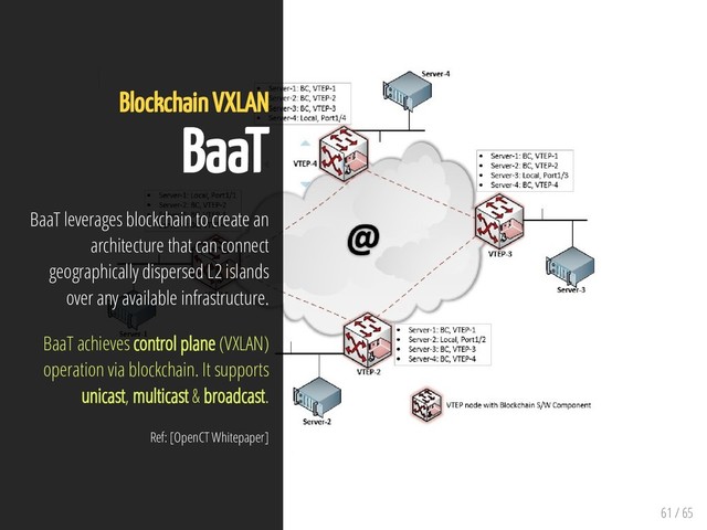 61 / 65
Blockchain VXLAN
BaaT
BaaT leverages blockchain to create an
architecture that can connect
geographically dispersed L2 islands
over any available infrastructure.
BaaT achieves control plane (VXLAN)
operation via blockchain. It supports
unicast, multicast & broadcast.
Ref: [OpenCT Whitepaper]
