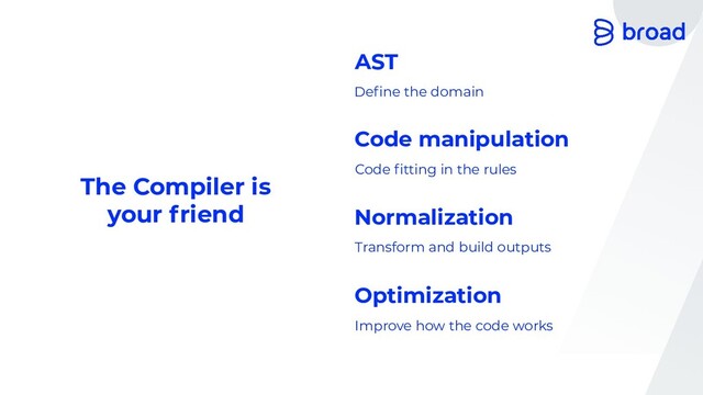 The Compiler is
your friend
Deﬁne the domain
AST
Code ﬁtting in the rules
Code manipulation
Transform and build outputs
Normalization
Improve how the code works
Optimization

