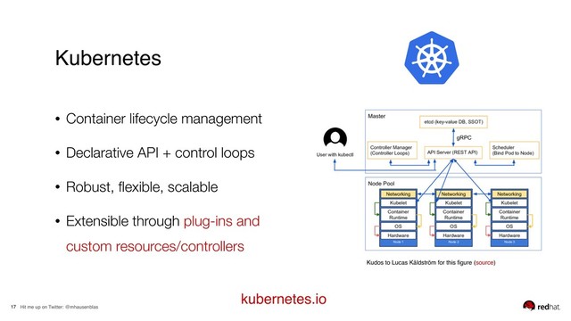 Hit me up on Twitter: @mhausenblas
17
Kubernetes
kubernetes.io
• Container lifecycle management
• Declarative API + control loops
• Robust, ﬂexible, scalable
• Extensible through plug-ins and
custom resources/controllers
Kudos to Lucas Käldström for this ﬁgure (source)
