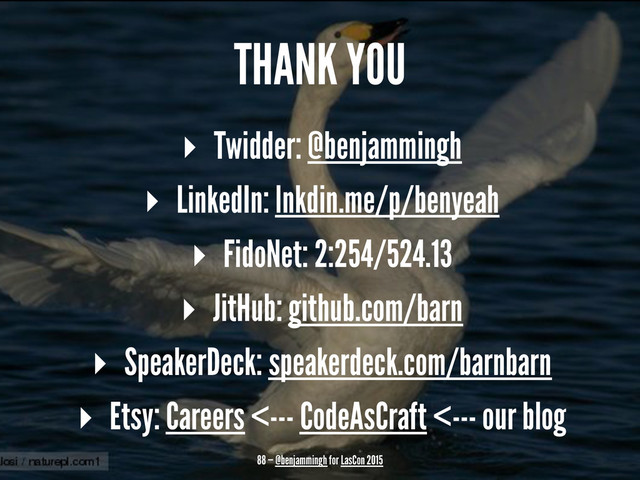 THANK YOU
▸ Twidder: @benjammingh
▸ LinkedIn: lnkdin.me/p/benyeah
▸ FidoNet: 2:254/524.13
▸ JitHub: github.com/barn
▸ SpeakerDeck: speakerdeck.com/barnbarn
▸ Etsy: Careers <--- CodeAsCraft <--- our blog
88 — @benjammingh for LasCon 2015
