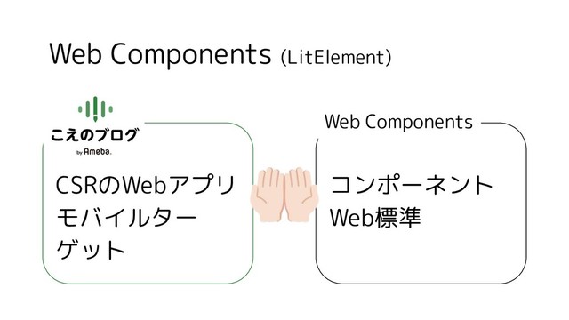 Web Components (LitElement)
CSRのWebアプリ
モバイルター
ゲット
コンポーネント
Web標準
Web Components
