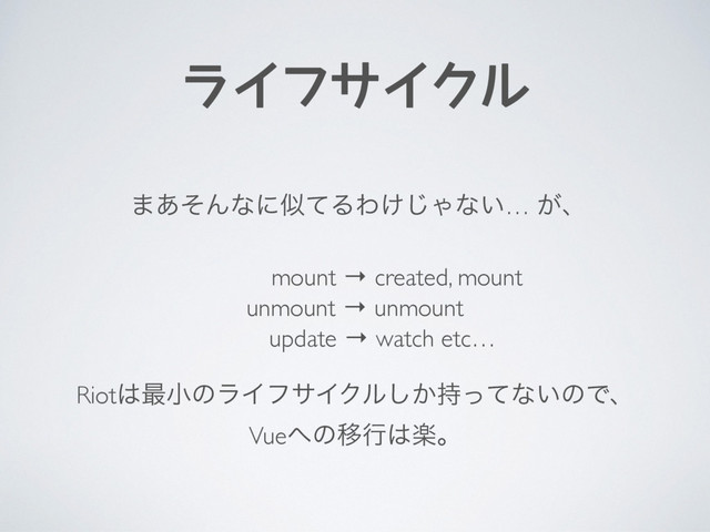 ライフサイクル
·͋ͦΜͳʹࣅͯΔΘ͚͡Όͳ͍… ͕ɺ
mount → created, mount
unmount → unmount
update → watch etc…
Riot͸࠷খͷϥΠϑαΠΫϧ͔࣋ͬͯ͠ͳ͍ͷͰɺ
Vue΁ͷҠߦ͸ָɻ
