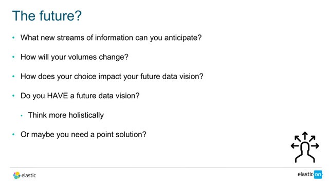 • What new streams of information can you anticipate?
• How will your volumes change?
• How does your choice impact your future data vision?
• Do you HAVE a future data vision?
• Think more holistically
• Or maybe you need a point solution?
The future?
