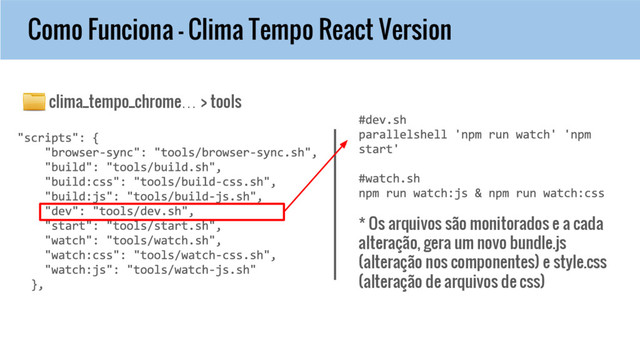 Como Funciona - Clima Tempo React Version
clima_tempo_chrome… > tools
* Os arquivos são monitorados e a cada
alteração, gera um novo bundle.js
(alteração nos componentes) e style.css
(alteração de arquivos de css)
