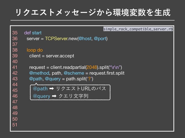35 def start

36 server = TCPServer.new(@host, @port)

37

38 loop do

39 client = server.accept

40

41 request = client.readpartial(2048).split(“\r\n”)

42 @method, path, @scheme = request.ﬁrst.split

43 @path, @query = path.split(‘?’)

44 

45 

46 

47 

48 

49 

50 

51
simple_rack_compatible_server.rb
!QBUI‎ϦΫΤετ63-ͷύε
!RVFSZ‎ΫΤϦจࣈྻ
ϦΫΤετϝοηʔδ͔Β؀ڥม਺Λੜ੒
