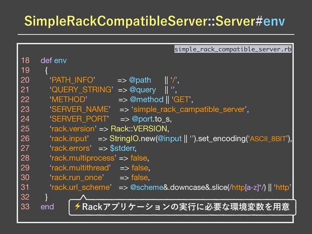 18 def env

19 {

20 ‘PATH_INFO’ => @path || ‘/’,

21 ‘QUERY_STRING’ => @query || ‘’,

22 ‘METHOD’ => @method || ‘GET’,

23 ‘SERVER_NAME’ => ‘simple_rack_campatible_server’,

24 ‘SERVER_PORT’ => @port.to_s,

25 ‘rack.version’ => Rack::VERSION,

26 ‘rack.input’ => StringIO.new(@input || ‘’).set_encoding(‘ASCII_8BIT’),

27 ‘rack.errors’ => $stderr,

28 ‘rack.multiprocess’ => false,

29 ‘rack.multithread’ => false,

30 ‘rack.run_once’ => false,

31 ‘rack.url_scheme’ => @scheme&.downcase&.slice(/http[a-z]*/) || ‘http’

32 }

33 end
simple_rack_compatible_server.rb
4JNQMF3BDL$PNQBUJCMF4FSWFS4FSWFSFOW
⚡3BDLΞϓϦέʔγϣϯͷ࣮ߦʹඞཁͳ؀ڥม਺Λ༻ҙ
