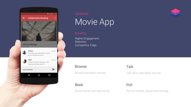 Updated
Movie App
Higher Engagement
Retention
Competitive Edge
Benefits
Book movies and pay onling
Book
Browse the latest movies
Browse
Poll on movies, shows and timings
Poll
Talk about the latest movies
Talk
